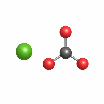 Model of calcium carbonate showing a calcium ion next to a carbonate group with one carbon and three oxygen atoms.