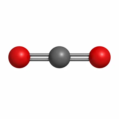 Ball-and-stick model of carbon dioxide with one central carbon atom bonded to two oxygen atoms.