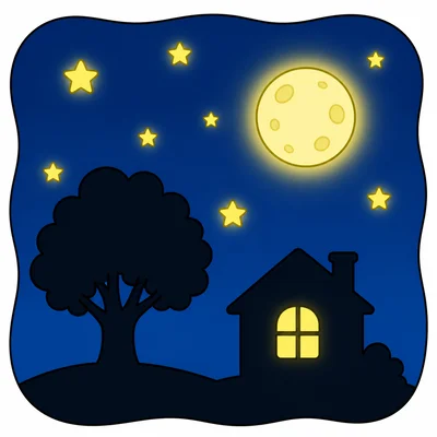 Moon and stars shining above a tree and house.