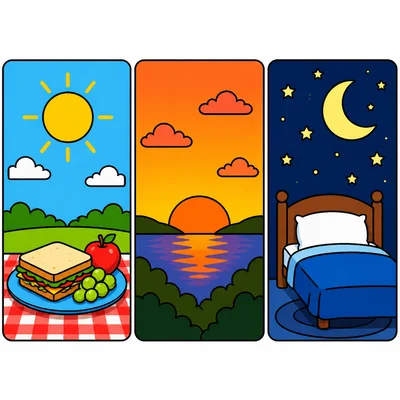 Pictures showing lunchtime, sunset, and bedtime.