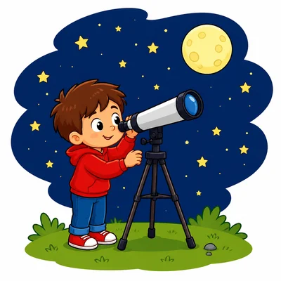 A child using a telescope to look at the night sky.