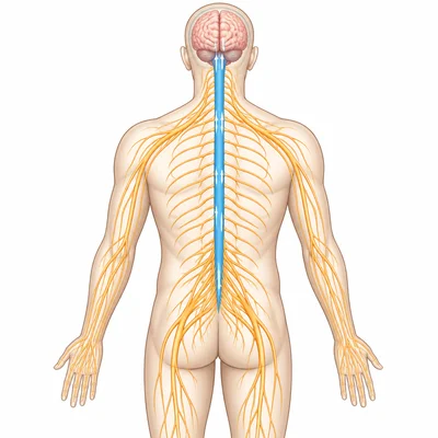 Spinal cord connecting the brain to nerves throughout the body.