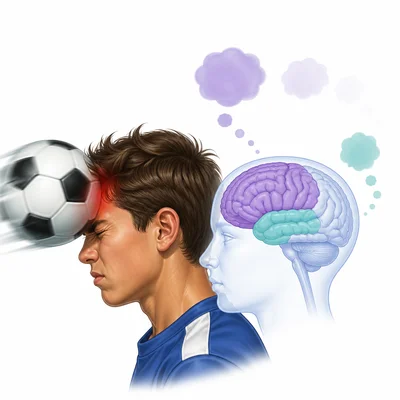 Soccer ball impact to the head with highlighted brain areas for thinking and memory.