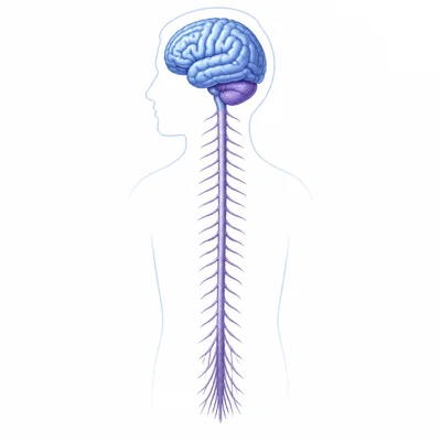 Brain connected to the spinal cord.