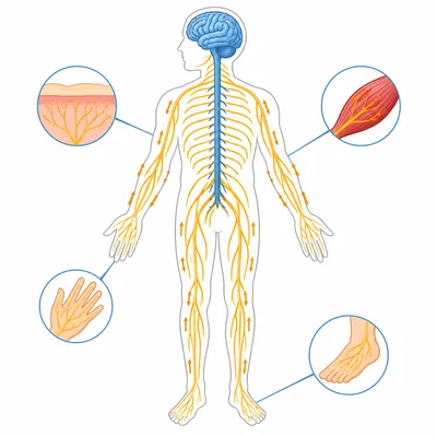 Nerves branching between the brain, spinal cord, and the rest of the body.