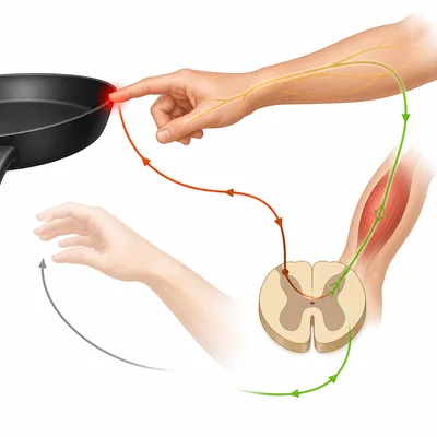 Reflex pathway from a hot pan touch to the spinal cord and back to the arm.