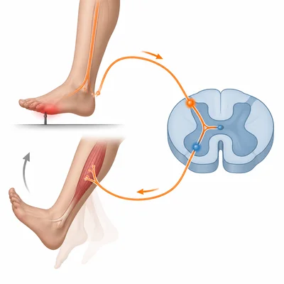 A foot pulling away from a sharp object through a spinal reflex pathway.