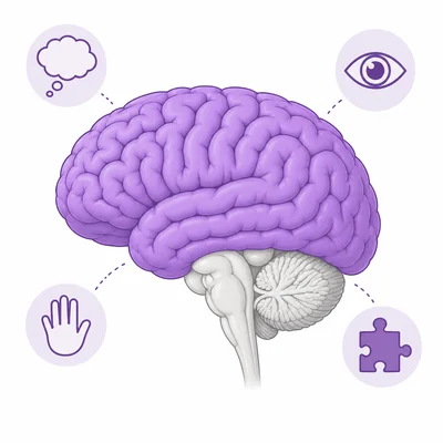 Brain diagram with the cerebrum highlighted and icons for thinking and senses.