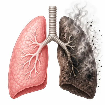 Healthy and smoke-damaged lungs shown side by side.