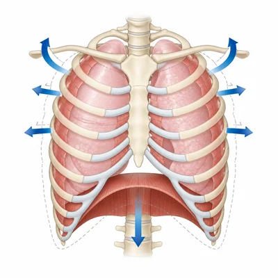 Rib muscles and diaphragm moving to expand the lungs.