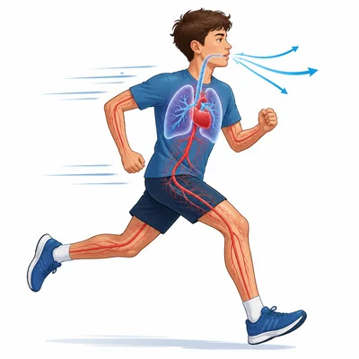 Running student with lungs and heart working harder during exercise.