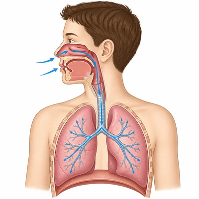 Air path from nose and mouth through the airway into the lungs.