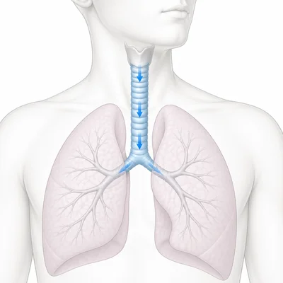 Trachea shown as a ringed airway carrying air toward the lungs.