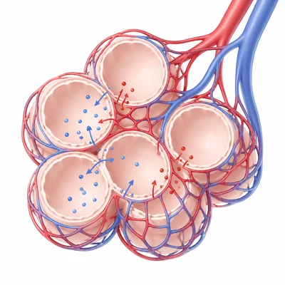 Close-up of alveoli exchanging gases with surrounding capillaries.