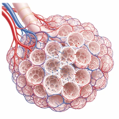 Many thin-walled alveoli surrounded by capillaries for gas exchange.