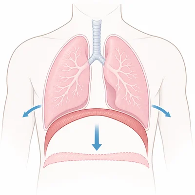 Diaphragm moving downward beneath the lungs as the lungs expand.