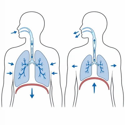 Comparison of inhaling with expanded lungs and exhaling with smaller lungs.