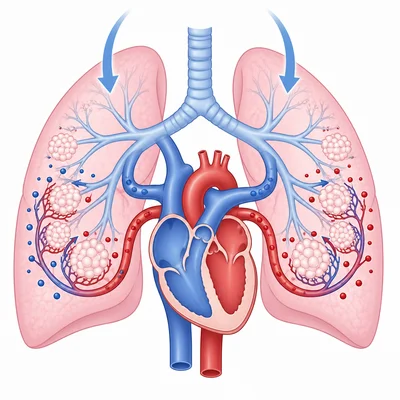 Lungs and heart connected by blood vessels showing gas exchange.