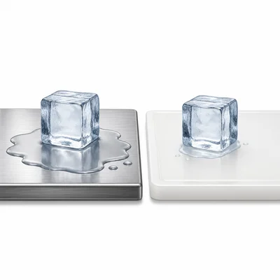 Ice melting faster on metal than on plastic.