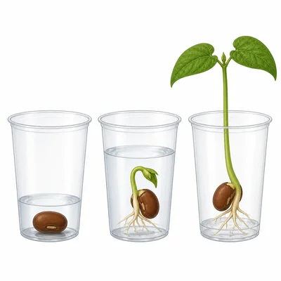 Bean seeds in three cups with different amounts of water and different sprout growth.