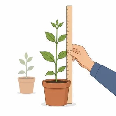 A plant being measured for height with a plain measuring stick.