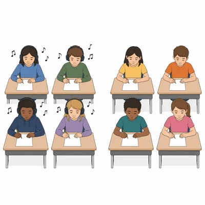 Two student groups taking quizzes, one with music and one without.