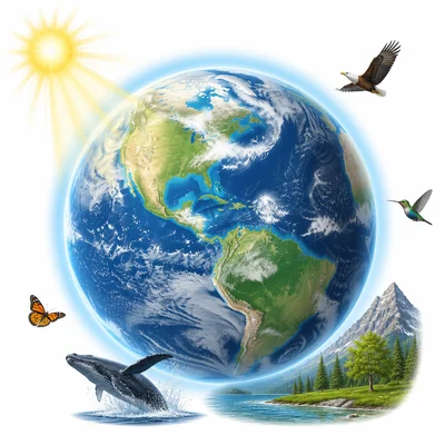 Earth with water, atmosphere, sunlight, and signs of life.
