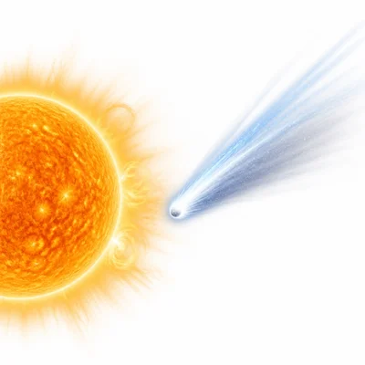 A comet near the Sun with a glowing tail streaming behind it.