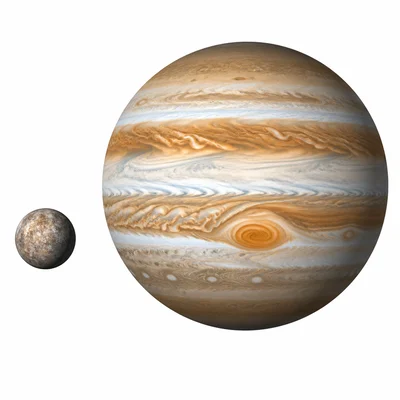 A small rocky planet compared with a large banded gas giant.