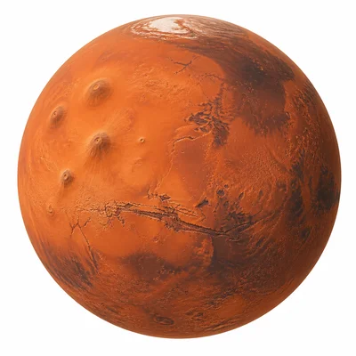 A reddish rocky planet with dusty surface details representing Mars.