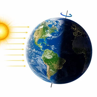 Earth rotating with one side lit by the Sun and the other side dark.