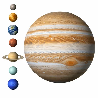 Large striped Jupiter shown beside smaller planets.