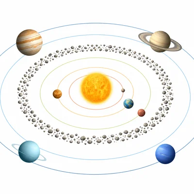 An asteroid belt shown as many small rocks orbiting between planets.