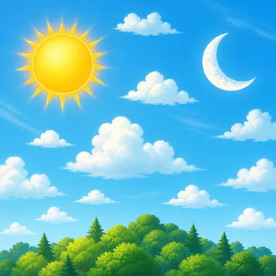 A crescent Moon is visible in a daytime sky.