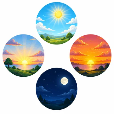 Four scenes show sunrise, daytime, sunset, and nighttime.