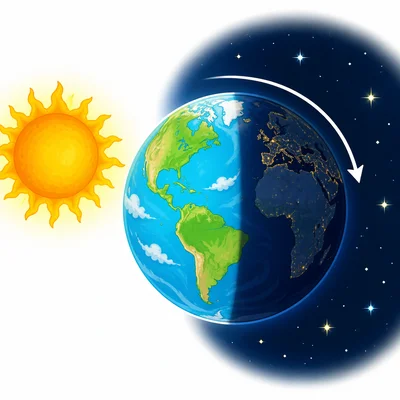 Earth's rotation changes day into night.