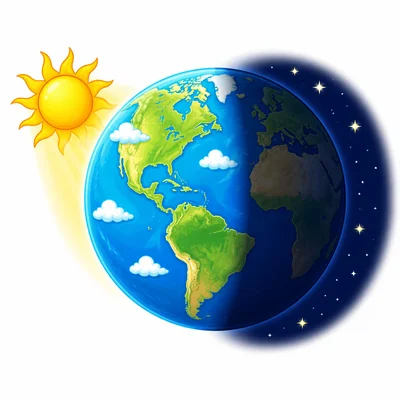 The side of Earth facing the Sun is bright.