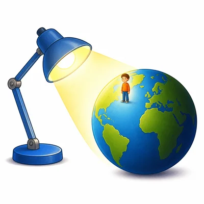 A lamp shines on one bright side of a ball model of Earth.
