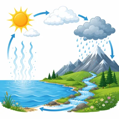 A simple water cycle diagram with sun, rising vapor, clouds, rain, mountains, stream, and lake.