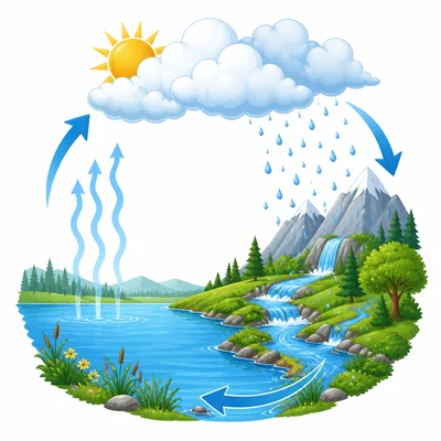 Water moves in a continuous loop from lake to clouds to rain and back.