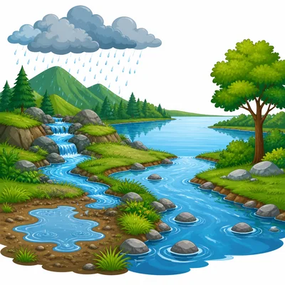 Rainwater collects in streams, puddles, a river, and a lake.