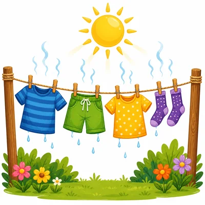 Wet clothes dry in the sun as water vapor rises.