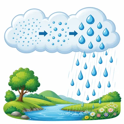 Tiny droplets in a cloud join into larger drops that fall as rain.
