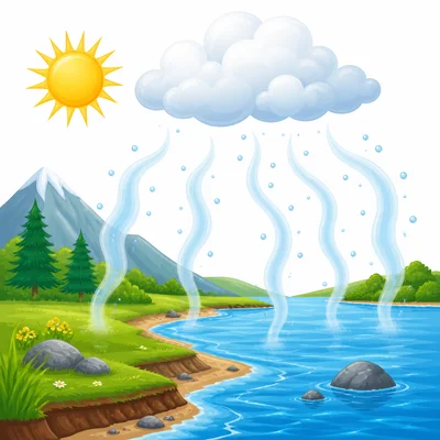 Water vapor rises from the ground and water toward a cloud.