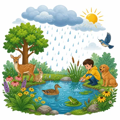 Rain from the water cycle supports plants, animals, people, and a pond.