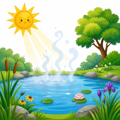 Sun warms a pond while water vapor rises into the air.