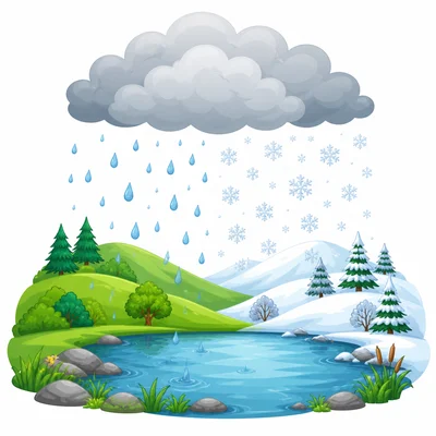 A cloud drops rain and snow onto hills and a pond.
