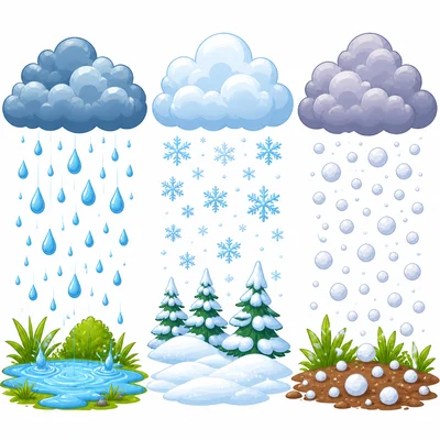 Rain, snow, and hail fall from clouds.