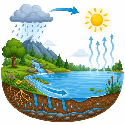 Rainwater in a lake flows, soaks into soil, and evaporates upward.