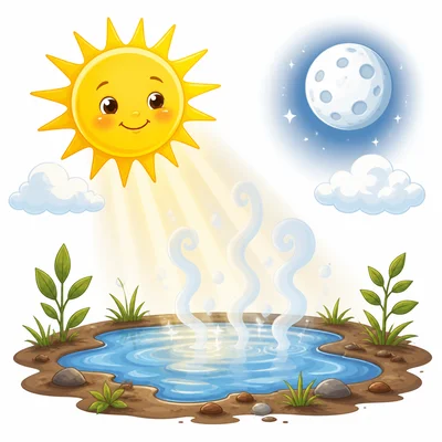 The sun warms a puddle and vapor rises, while the moon is off to the side.